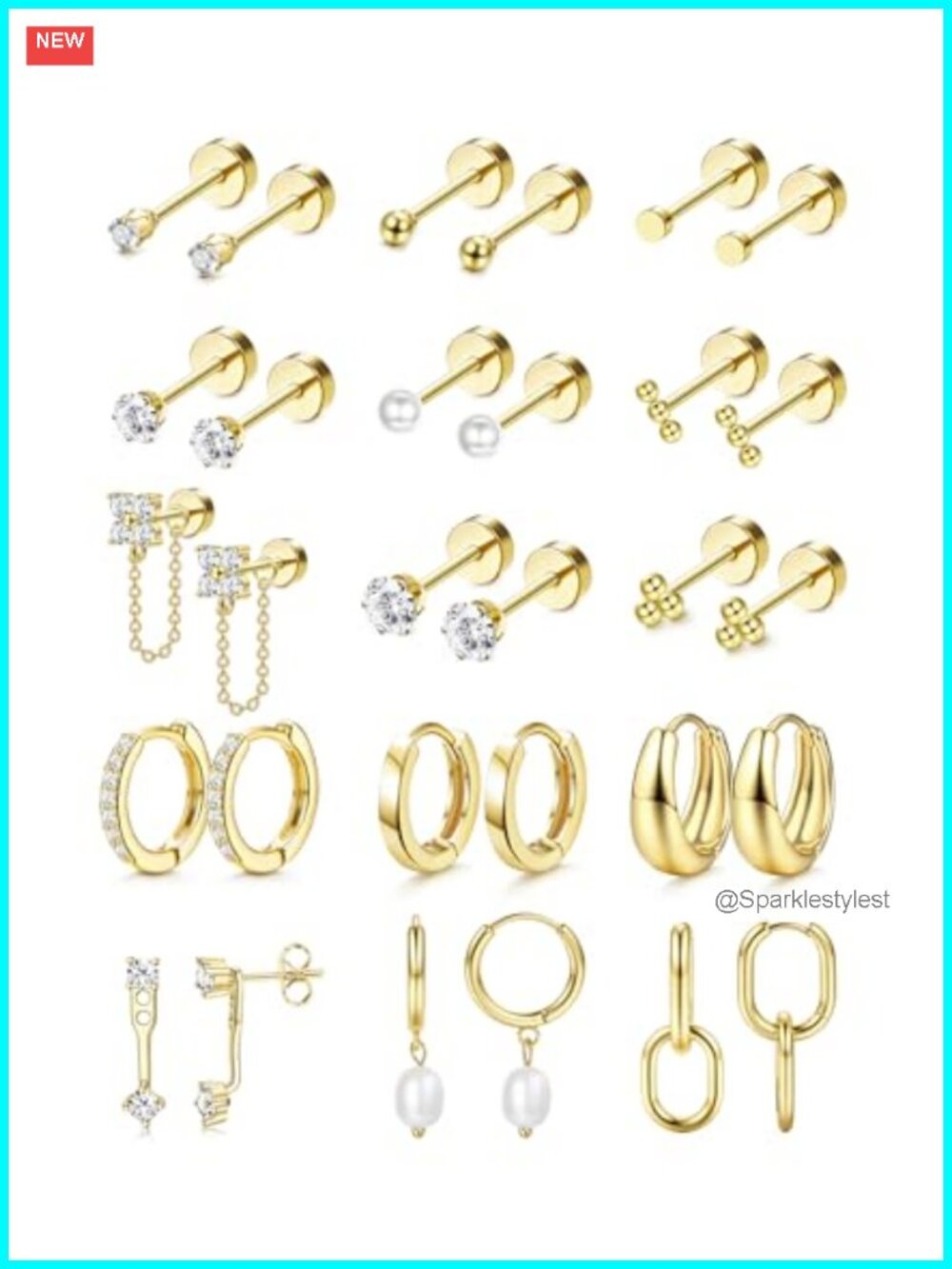 14K Gold Plated Flat Back Earrings Set Surgical Steel Hypoallergenic 15 Pairs